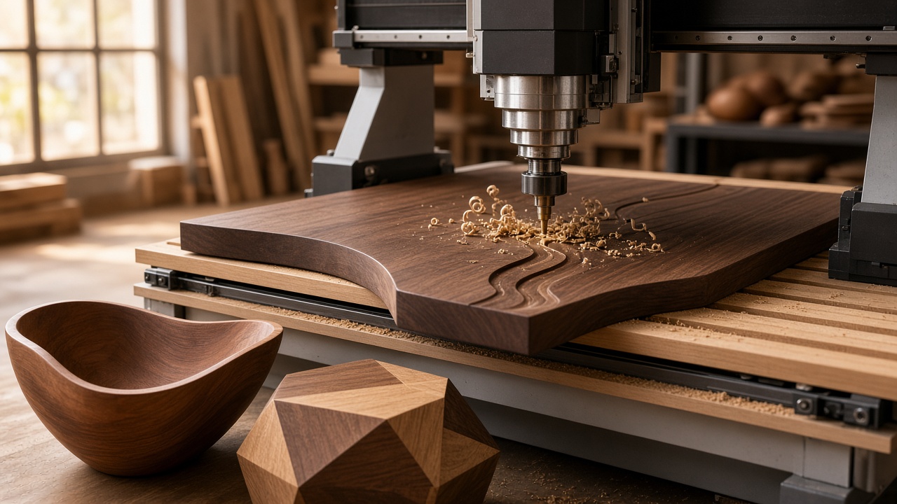 A CNC mill carving a walnut table top in the WoodyStyle workshop.